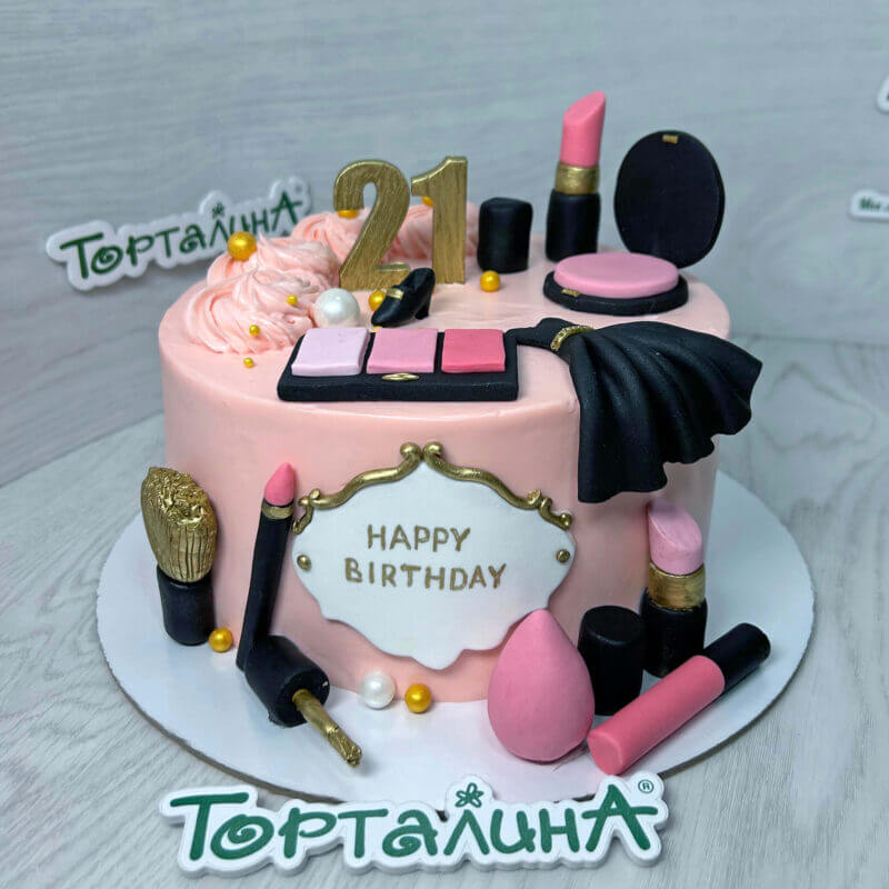 торт на день рождение девочки с косметикой из сахарной мастики